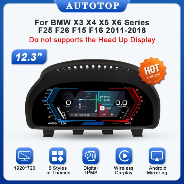 AUTOTOP 12,3 Zoll kabelloses Carplay digitales Instrumentenpaneel für BMW X3 F25 X4 F26 X5 F15 X6 F16, Farbe: Schwarz - Bild 1