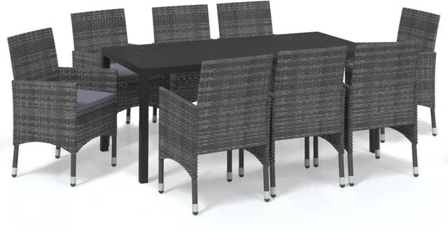 vidaXL 9-tlg Garten-Essgruppe aus Poly Rattan und WPC in Grau mit Kissen - Bild 1