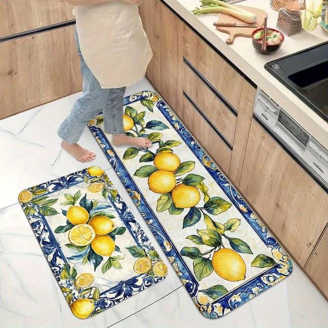 VIKAMA Küchenmatten-Set im mediterranen Zitronen-Design, gelb, rutschfest und saugfähig, rechteckig aus Polyester - Bild 1