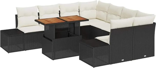 vidaXL Garten-Sofa-Set aus Poly Rattan in Schwarz mit integriertem Stauraum und Polstern, 9-teiliges Set in U-Form - Bild 1