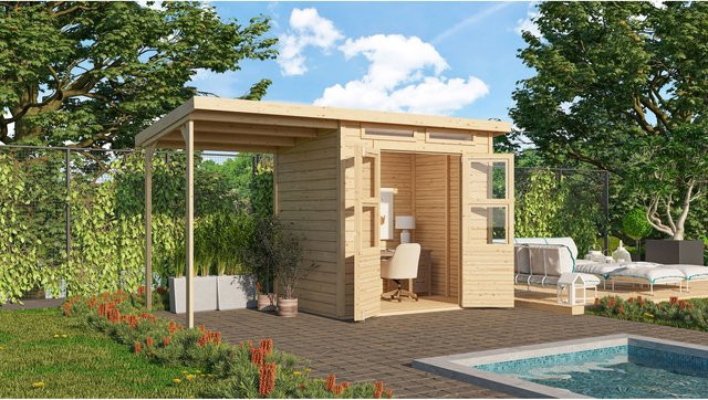 Karibu Gartenhaus Kano 3 aus naturbelassenem Holz mit Anbaudach und Dachbahn - Bild 1