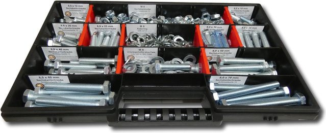 Schraubenbox24 200-teiliges Sechskantschrauben-Sortiment mit Muttern, Unterlegscheiben und Federringen in Silber, M10, Schraubenlängen 12 mm bis 70 mm - Bild 1