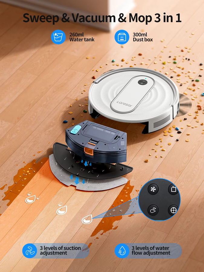 Laresar P10 Kabelloser Roboter-Staubsauger und Wischmopp mit 6000Pa Saugkraft, Gyro-Navigation und App-Steuerung in Weiß - Bild 3