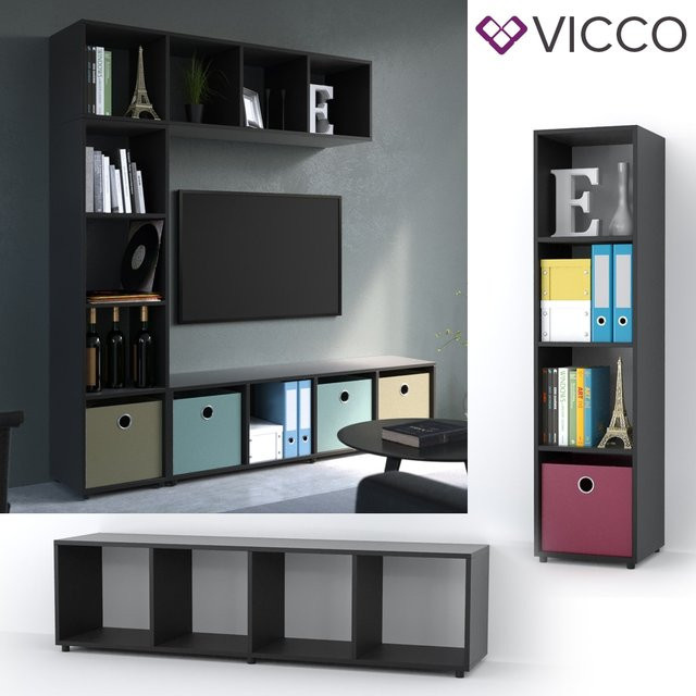 Vicco Raumteiler Standregal mit 4 Fächern in Schwarz, H x B x T: 144,9 x 33,8 x 36,8 cm - Bild 1