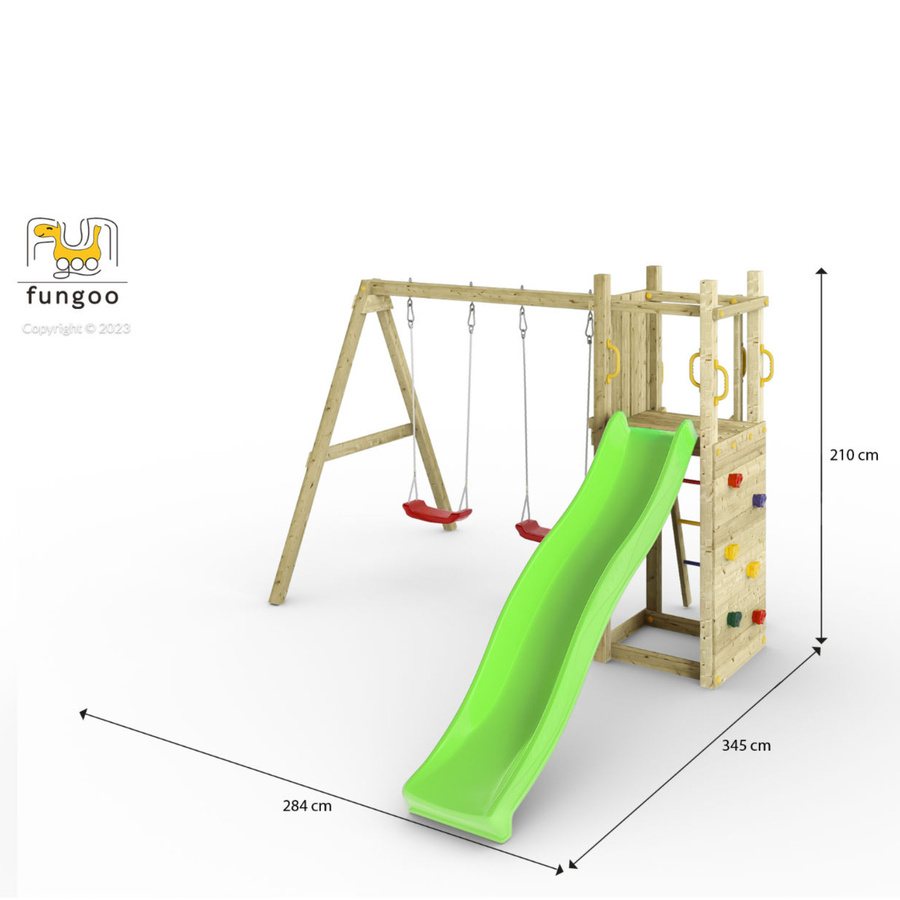 Fungoo Spielturm Funny 3 in Natur mit Doppelschaukel, Rutsche, Kletterwand und Sandkasten - Bild 2