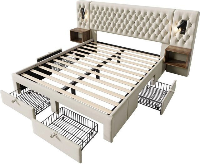 okwish Bettanlage mit Kopfteil, integrierten Leselampen und Nachttischen in Beige, Polsterbett für Schlafzimmer, B/T/H: 243 x 160 x 211 cm - Bild 1