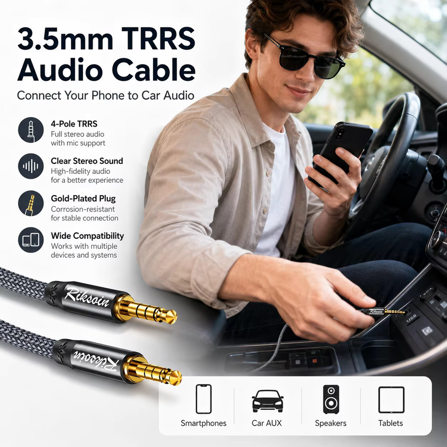 Riksoin 3,5mm TRRS AUX Audiokabel grau, geflochtenes 4-Pol Hi-Fi Stereo-Kabel abgeschirmt für iPad, Samsung Tablet und Auto - Bild 3