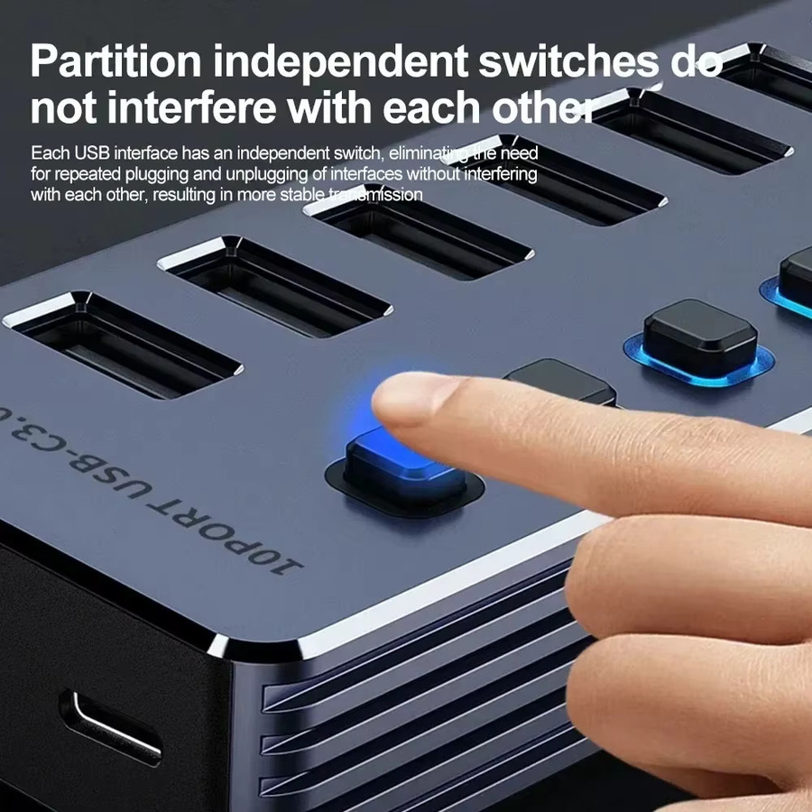 KEBIDUMEI 7-Port USB 3.0 Hub mit Ein-/Ausschaltern, Aluminium USB-Splitter, 5 Gbit/s Hochgeschwindigkeitsadapter in Silber für MacBook und Laptops - Bild 3