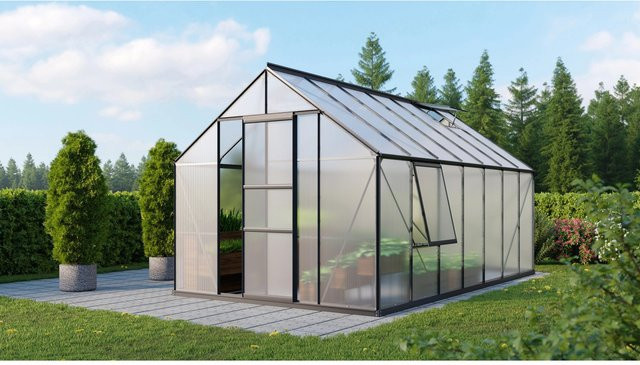 Vitavia Gewächshaus Meridian 1 Vorzugsset in Schwarz mit Polycarbonat-Platten, Aluminiumrahmen, Dachfenster, Seitenfenster und Regenrinnen, B/T/H: 254 x 232 x 232 cm - Bild 1
