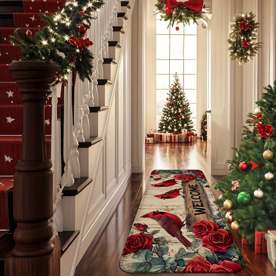 VIKAMA Rutschfeste Fußmatten mit Weihnachtsmotiv Kardinalen und Rosen in Multicolour für Küche und Badezimmer - Bild 3