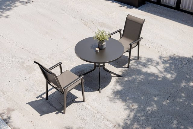 Kettler BasicPlus Pro Garten-Essgruppe aus Aluminium und Textilene in Anthrazit mit rundem Tisch und 2 Stapelsesseln, Durchmesser: 100 cm, Höhe: 74 cm - Bild 1