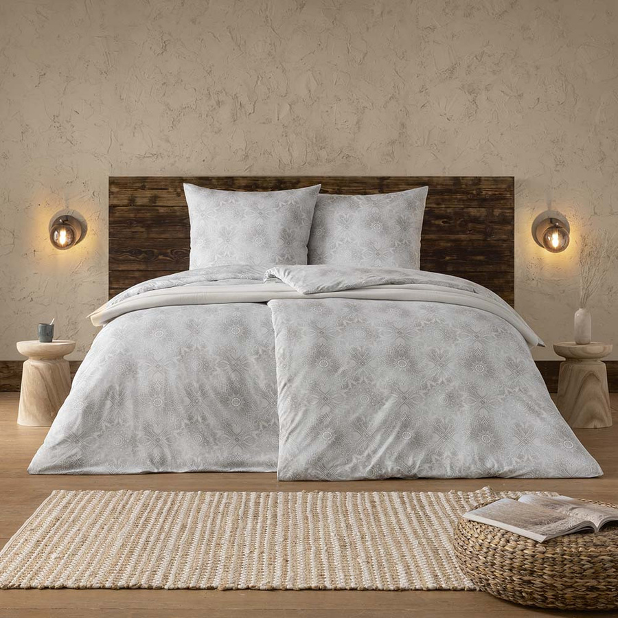 Estella Mako Jersey Bettwäsche Amalie Silber Ornamente Natur, Set aus Bettbezug und Kissenbezug, Farbe: Silber/Grau, B/H: 135 x 200 cm, Kissenbezug: 80 x 80 cm - Bild 1