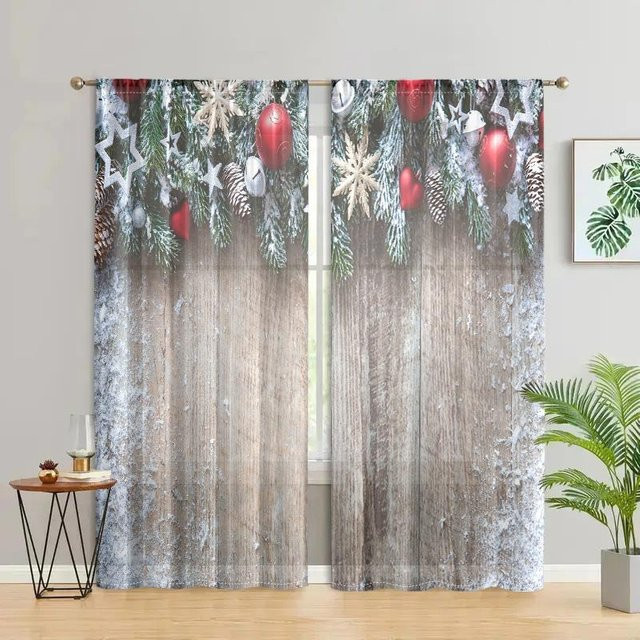 2er-Set Weihnachtsbaum Vorhang in Braun und Grün mit Grau, halbtransparentes Design für Wohnzimmer, Schlafzimmer und Küche, B: 150 cm, H: 166 cm - Bild 1