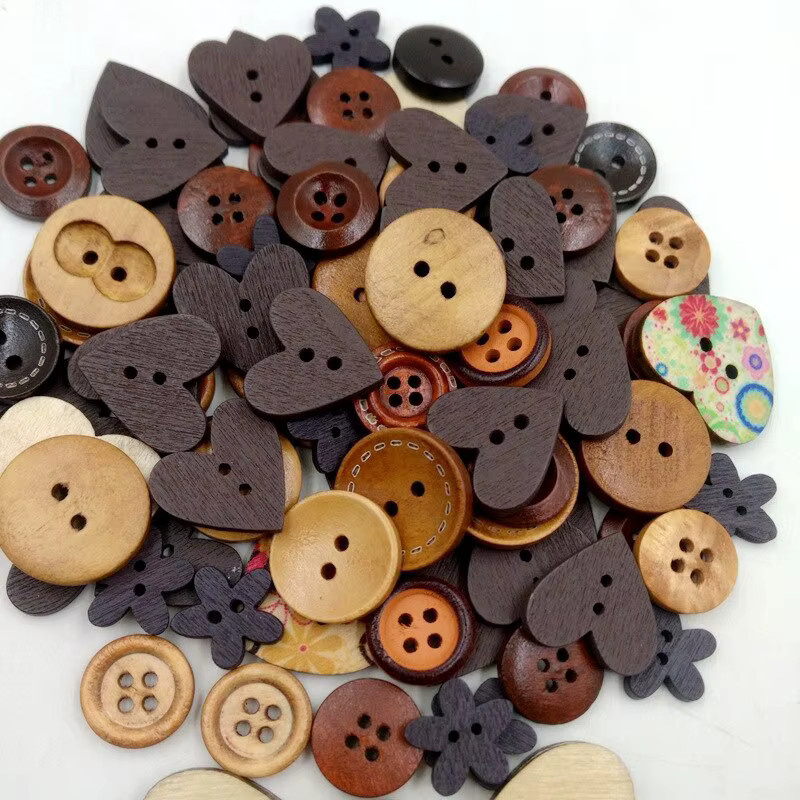 100 Stück Holzknöpfe in Mix Form mit Blumenmuster in Braun für DIY Handwerk und Kleidung - Bild 2