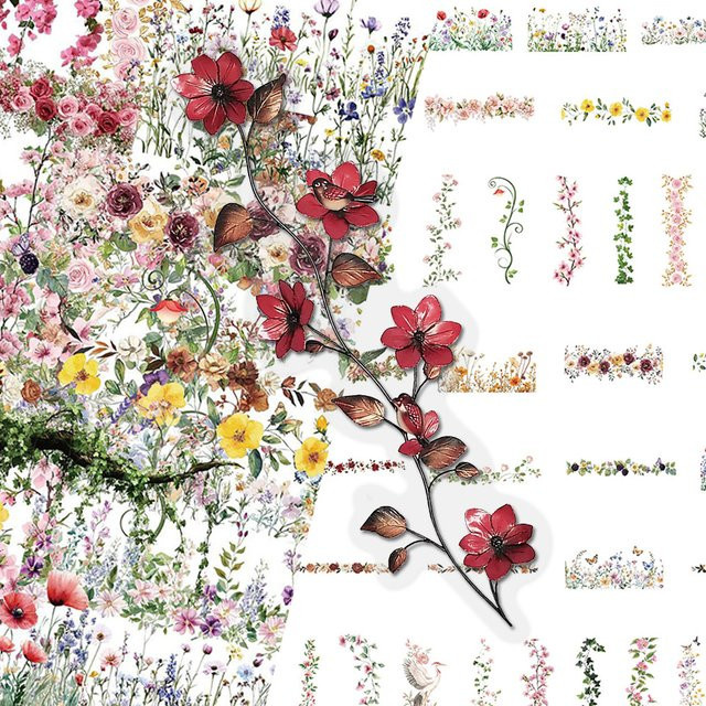 60 Stück Transparente Blumen-Spitzenaufkleber mit bunten Rosen und Morgenglorie Ranken für Scrapbooking und Handyhüllen, Multicolour - Bild 1