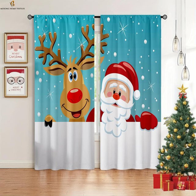 Weihnachtsdekoration Vorhänge mit Elch- und Schneemann-Motiv in Blau, 2er-Set, B: 50 cm, H: 130 cm - Bild 1