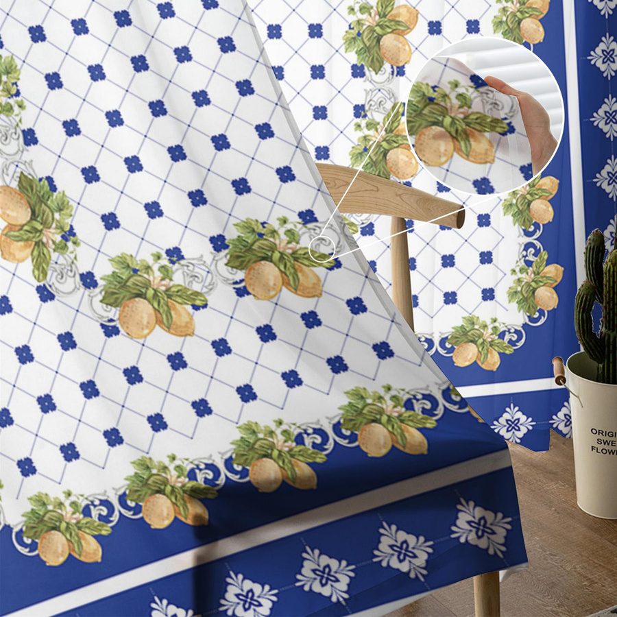 Transparenter Voile-Vorhang mit Zitronen-Motiv in Blau, Breite: 150 cm, Höhe: 250 cm - Bild 1