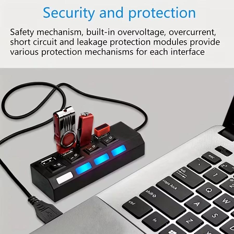 USB 2.0 4-Port-Splitter mit Anti-Burnout-Schutz und Hochgeschwindigkeits-Synchronübertragung in Schwarz für PC, Laptop und andere Geräte - Bild 2