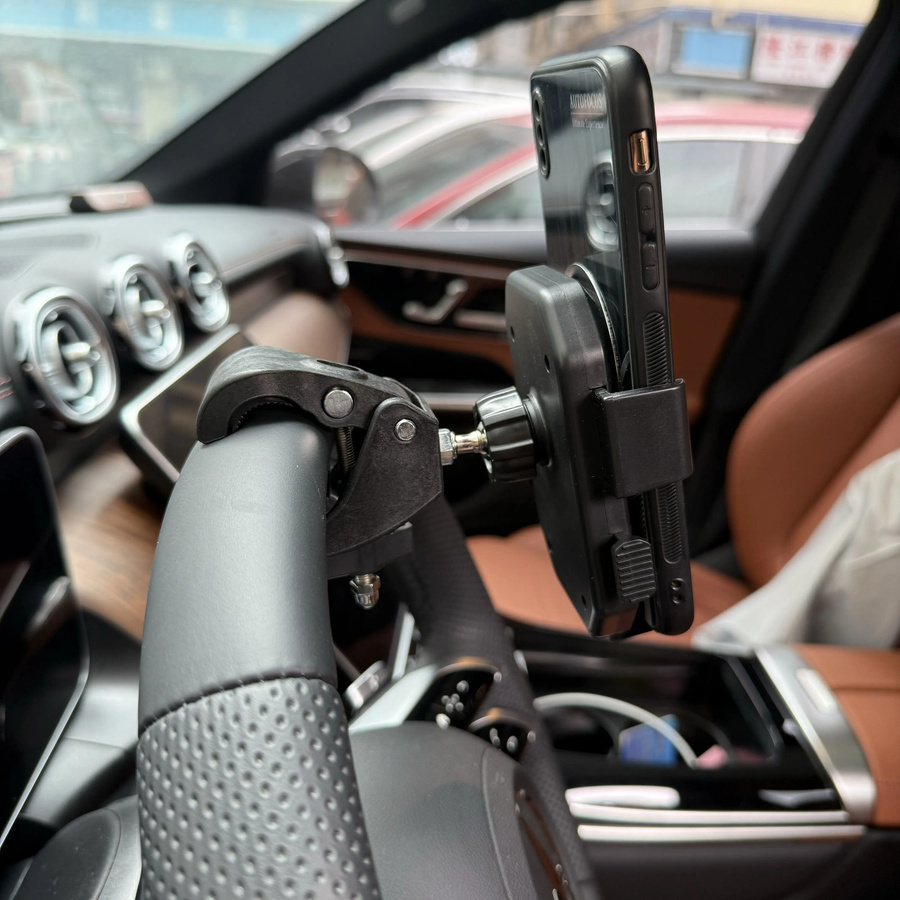 Magnetische 360-Grad drehbare Auto-Lenkrad-Handyhalterung mit Rohrklemme in Schwarz für Fahrrad-Navigation - Bild 1