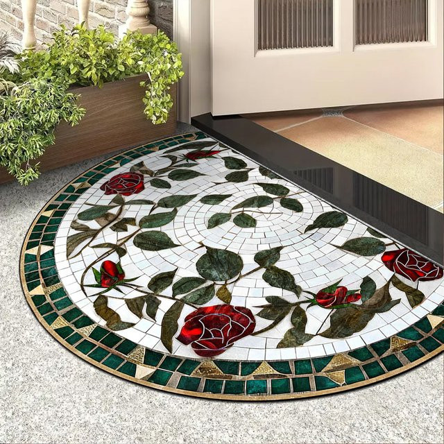 Halbrunde Tür-Eingangsmatte von Byd im floralen Blumenstil, Mehrfarbig, B/T: 80 x 50 cm - Bild 1