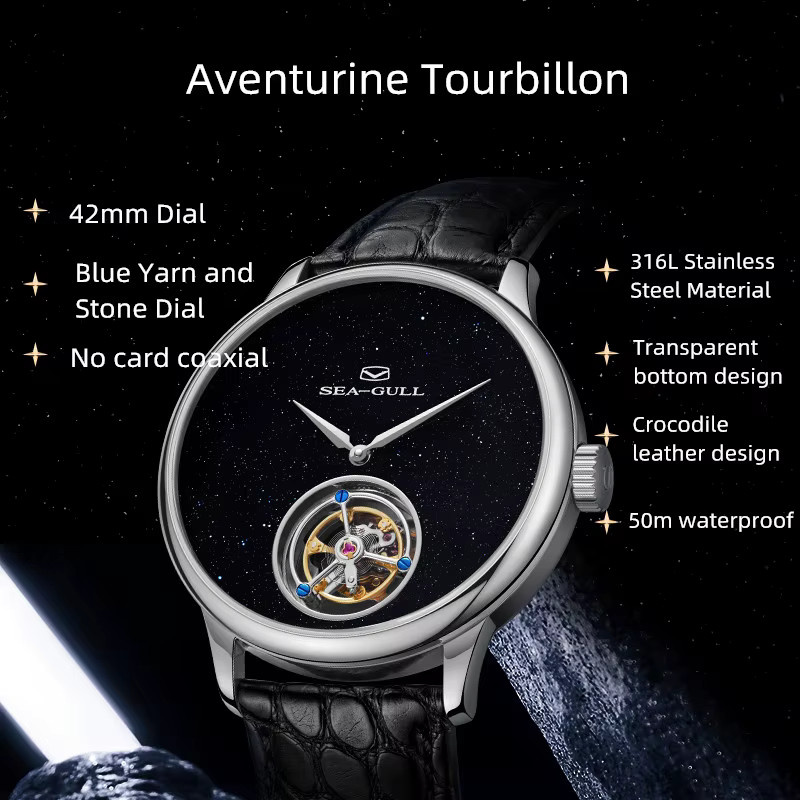 Seagull Armbanduhr Tourbillon, Handaufzug, Edelstahl, Leder, Herren - Bild 4