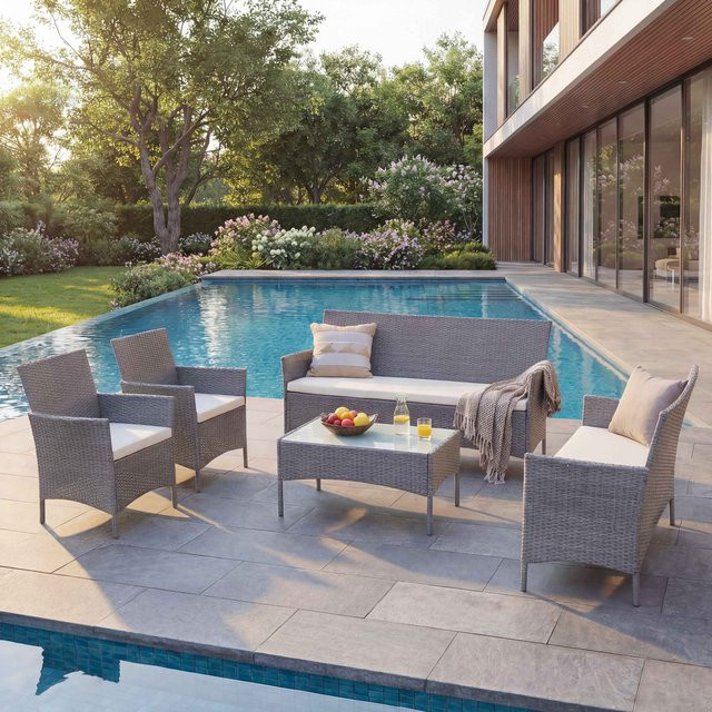 MCW Poly-Rattan Garten-Garnitur Hamar Lounge-Set in Grau mit beigen Sitzkissen - Bild 1