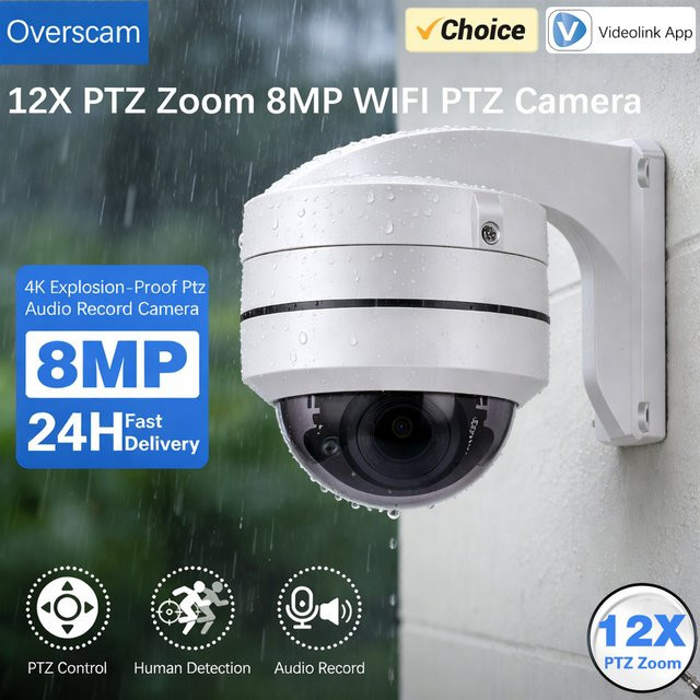 Overscam 8MP 4K PTZ IP-Kamera für den Außenbereich mit 12-fachem optischem Zoom, KI-Erkennung und Audio in Weiß - Bild 1
