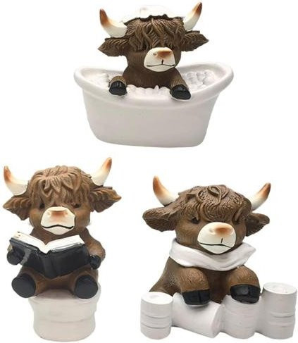 3er Set Sweet Room Hochlandkuh Figuren aus Harz in Braun zur Dekoration für Badezimmer und Wohnbereich - Bild 1