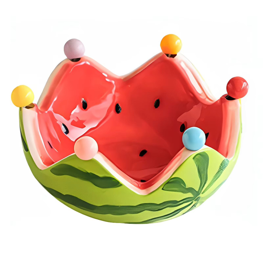 Aihogard Keramik Obstschale in Wassermelonenform mit Gabeln, gelb und mehrfarbig, ideal als Schüssel für Obst, Dessert oder Salat - Bild 3