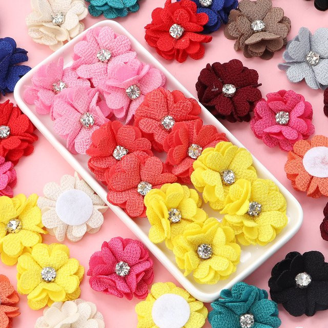 10 Stück Stoff Blumen Applikationen mit Perlen und Strass in Orange und Multicolour, Durchmesser: 3,5 cm, ideal für DIY Scrapbooking, Kleidung und Kopfbedeckungen - Bild 1