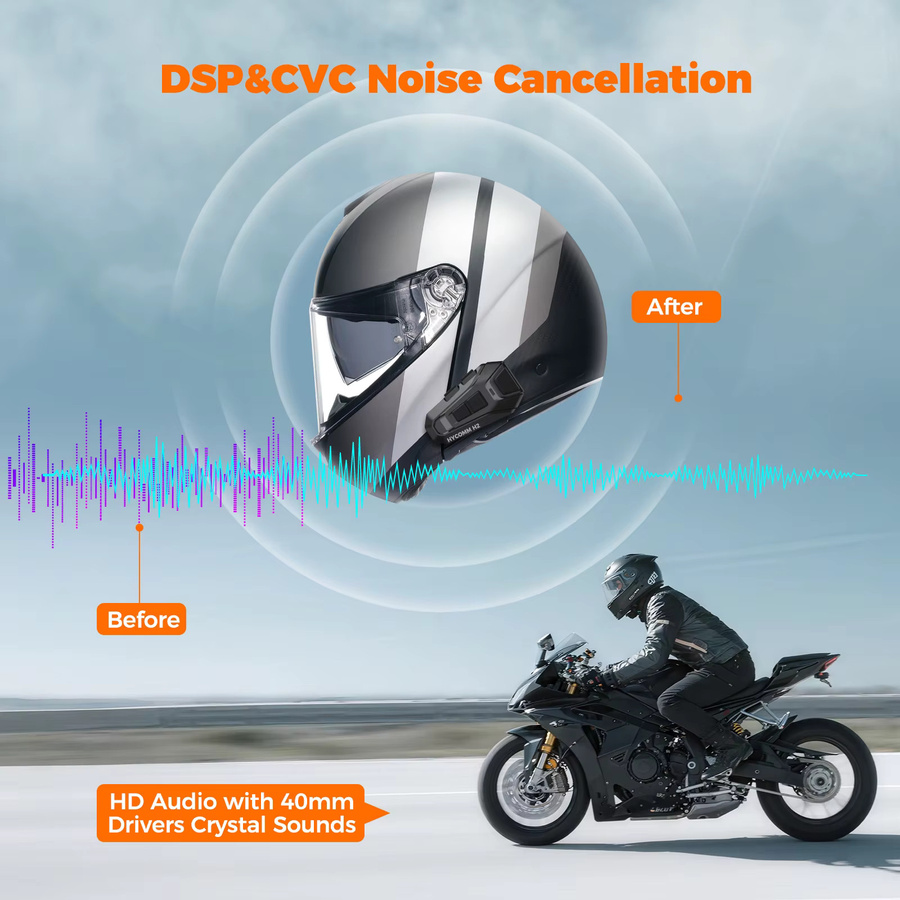 HYCOMM H2 Motorrad-Bluetooth-Headset in Schwarz mit 2-Wege-Helm-Gegensprechanlage, 35 Stunden Akkulaufzeit, IP67 wasserdicht und DSP CVC Geräuschunterdrückung - Bild 4