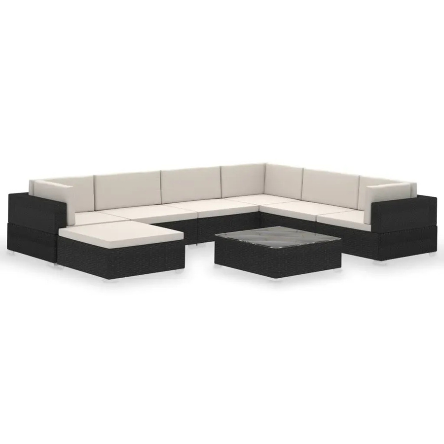vidaXL 8-tlg. Garten-Lounge-Set in U-Form mit Auflagen und Ottoman, Schwarz - Bild 2