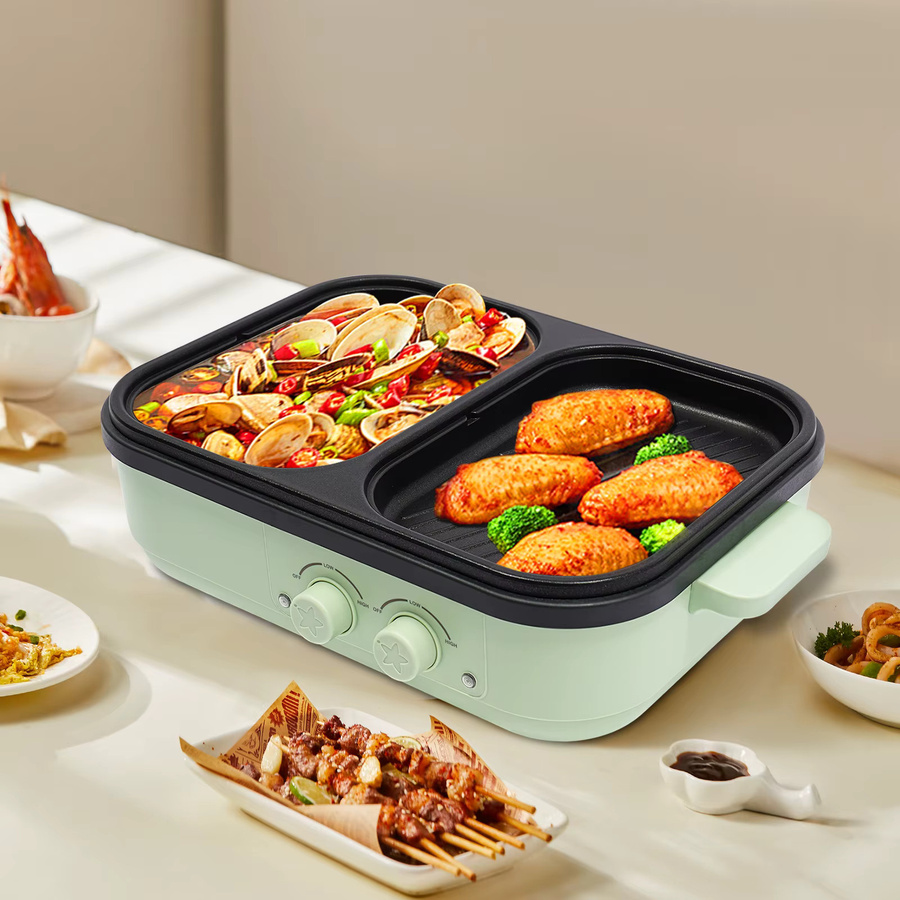 Bymaocar 2-in-1 Hot Pot und Grillplatte in Grün mit Antihaftbeschichtung und 1300W Leistung - Bild 3