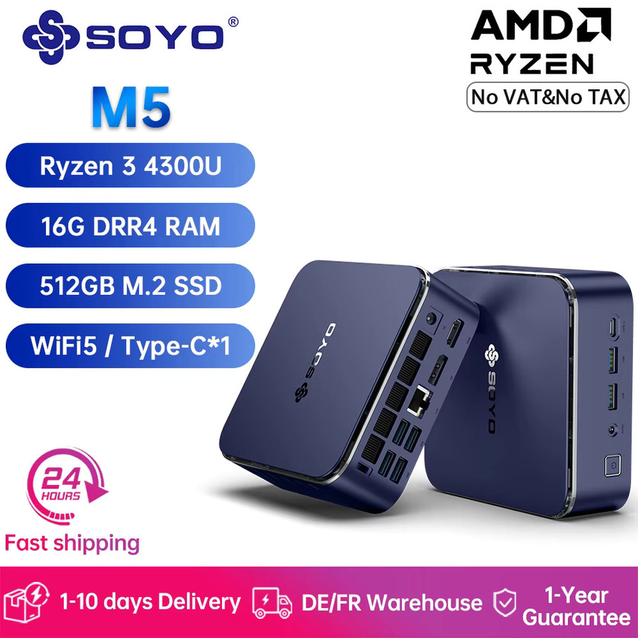 SOYO Mini-PC M5 mit AMD Ryzen 3 4300U, 16 GB DDR4 RAM und 512 GB M.2 SSD, Dual 4K UHD mit HDMI und DisplayPort, Blau - Bild 3