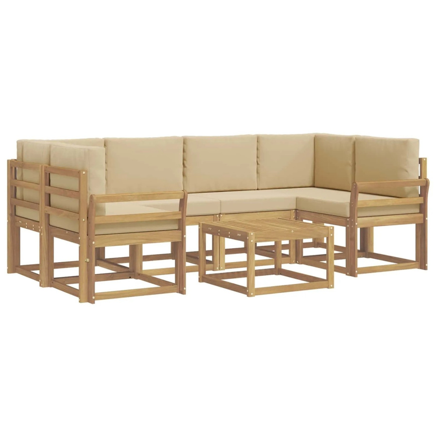 vidaXL Outdoor-Sofagarnitur aus Akazienholz in L-Form mit Kissen und Couchtisch, 7-teilig, Weiß und Beige - Bild 2