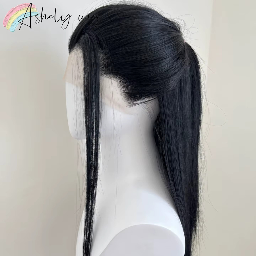 Ashely Widow's Peak Perücke, schwarze Spitzenfrontperücke, 26 Zoll, glattes Haar, synthetisch - Bild 6