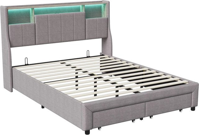 PXloue Modernes Stauraumbett in Grau mit Schubladen und Ladestation, B/T/H: 160 x 200 x 114 cm - Bild 1