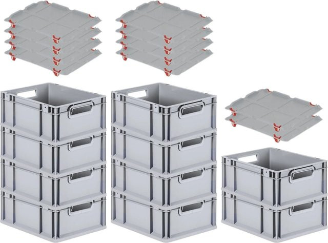PROREGAL SuperSparSet 10x Eurobox NextGen Grip mit Auflagedeckel und roten Schiebeschnappverschlüssen, Grau, H x B x T: 17 x 30 x 40 cm - Bild 1
