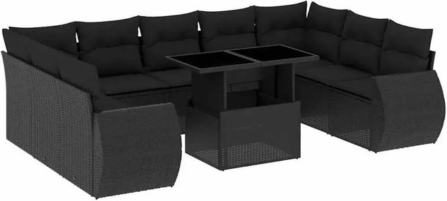 vidaXL 10-tlg. Garten-Sofagarnitur in L-Form aus Polyrattan mit Kissen in Schwarz - Bild 1
