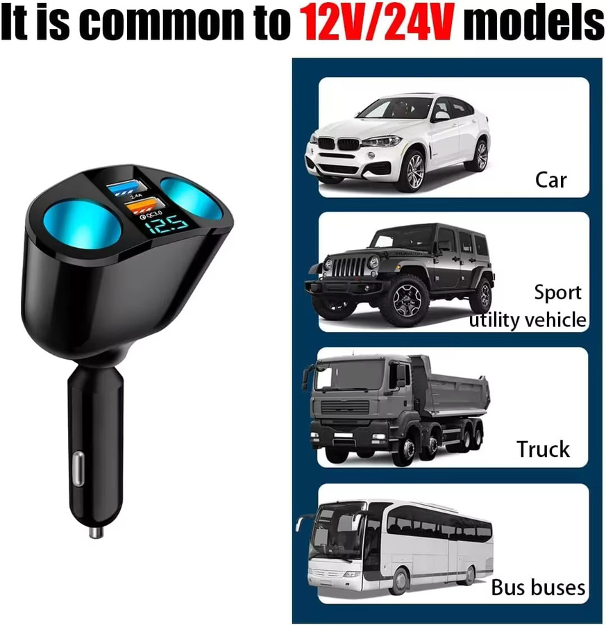 Outlet 12V Dual PD USB Auto Ladegerät mit 120W Leistung, Zigarettenanzünder Splitter und USB-C Anschluss, Schwarz - Bild 3