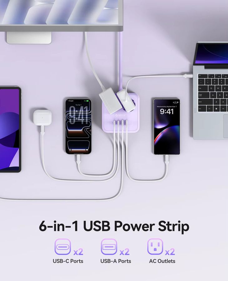 ORICO Desktop-Steckdosenleiste mit PD 20W Schnellladung, USB-C und USB-A Ladestation in Lila - Bild 2