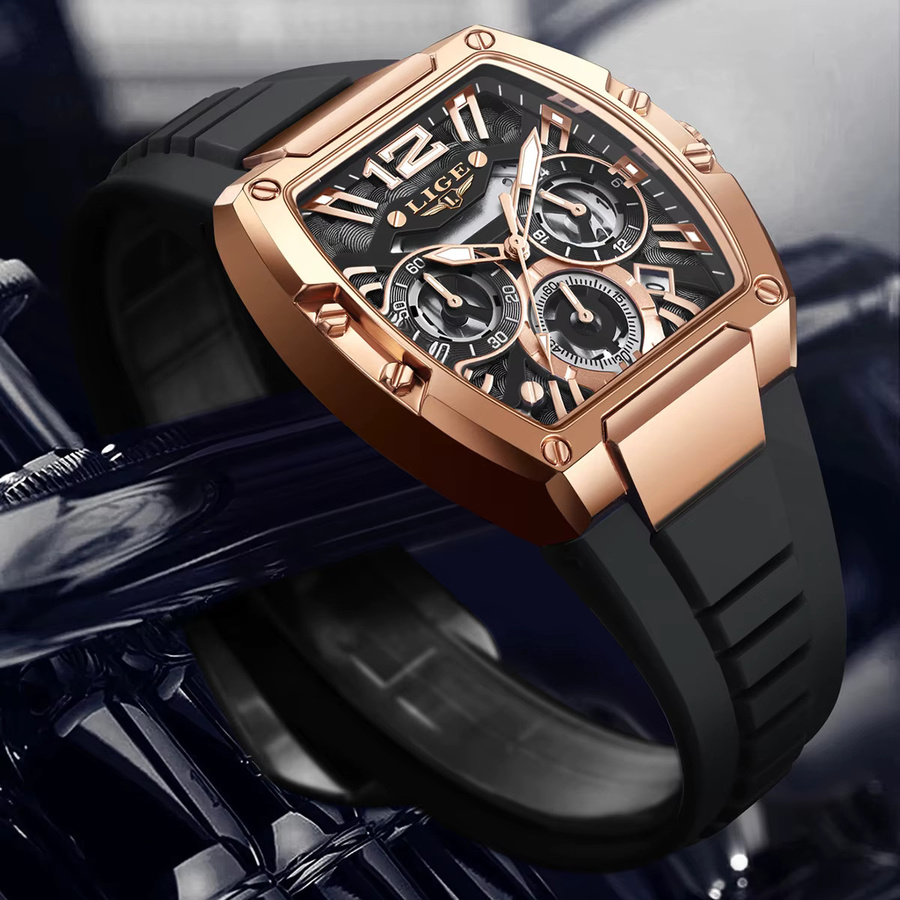 LIGE Chronograph Herren-Armbanduhr, Quarz, Silikonarmband, Schwarz, Roségold - Bild 5