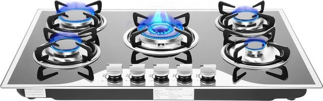 Fridgestea Einbau-Gaskochfeld mit 5 Flammen und Glasplatte in Schwarz, inklusive Wok-Brenner für Propan und Erdgas, Breite: 77,5 cm - Bild 1
