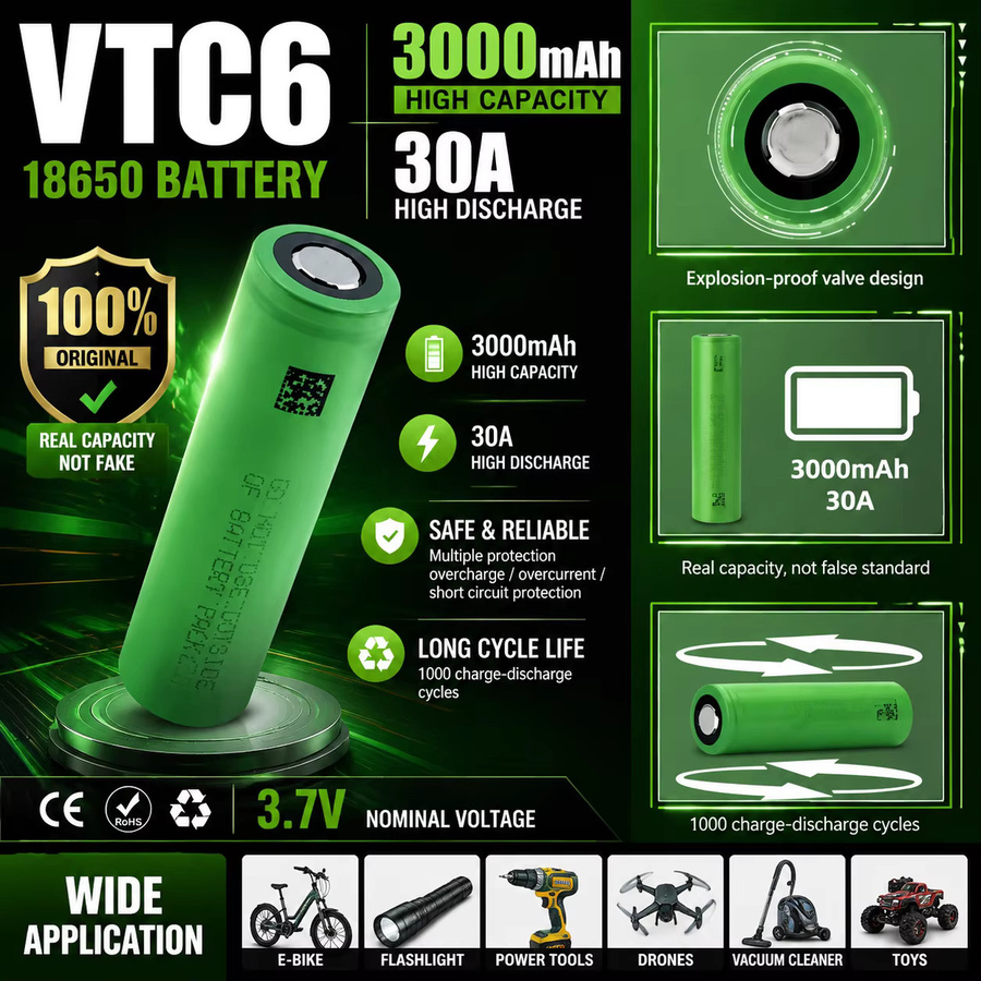18650 VTC6 Lithium-Ionen-Akku 3,7V 3000mAh Hochleistungs-Zelle in Grün für LED-Taschenlampen und tragbare Beleuchtungsgeräte - Bild 3