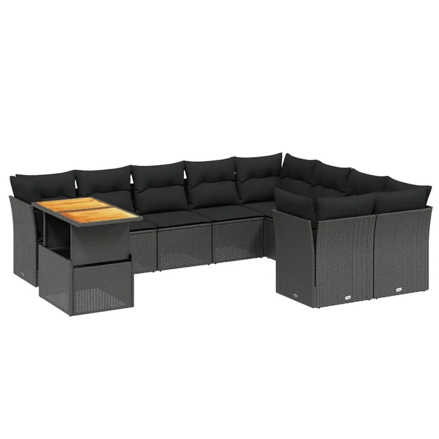 vidaXL 10-teilige Garten-Sofagarnitur in L-Form aus Polyrattan und Akazienholz mit Kissen, Schwarz - Bild 2