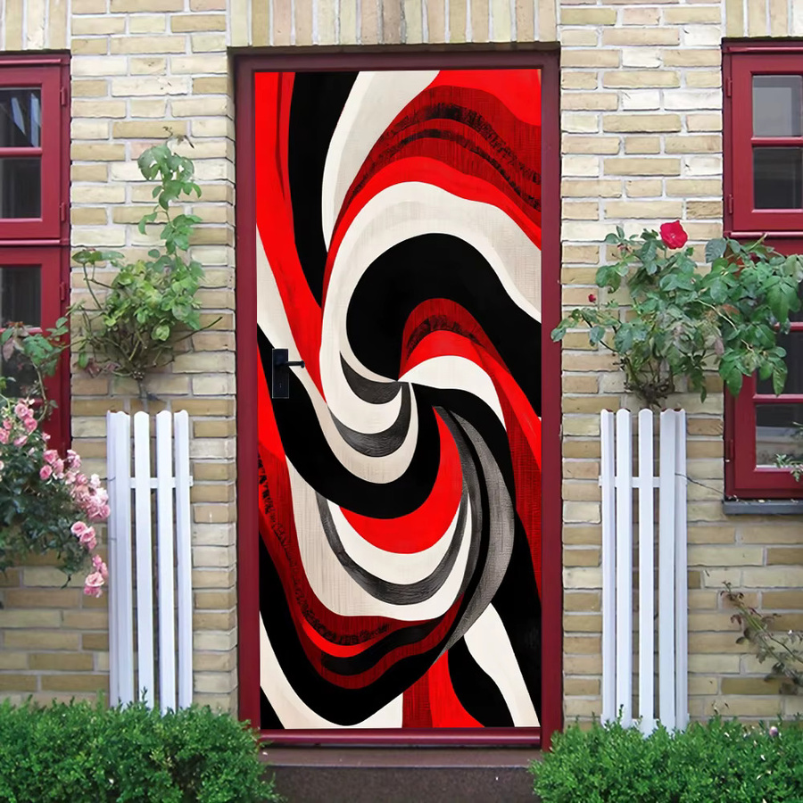 Selbstklebender Vinyl-Türaufkleber mit modernem abstrakten Kunstdesign und geometrischem Wirbel in Rot, Schwarz und Weiß - Bild 4