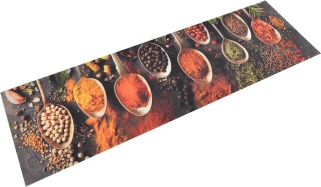 vidaXL Küchenteppich Löffel & Gewürze aus Samt, waschbar und rutschfest, Multicolor Schwarz-rot, B: 45 cm, L: 150 cm - Bild 1