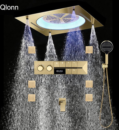 Qlonn Luxus-Duschset mit intelligentem Thermostatmischer, Decken-LED-Musik-Duschkopf und Massage-Düsen in Schwarz, B/B: 550 x 550 mm