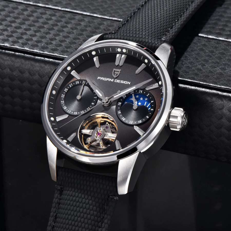 PAGANI DESIGN Armbanduhr, Automatik, Edelstahl, lila, Mondphase, 41 mm, Herren - Bild 1