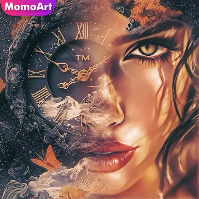 Momoart DIY Diamant Stickerei Frau Porträt Bastelset als analoge Tischuhr in Multicolour für Anfänger - Bild 1